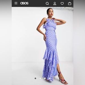 ASOS satin stripe halter maxi dress with drape ruffle and tie detail in spot